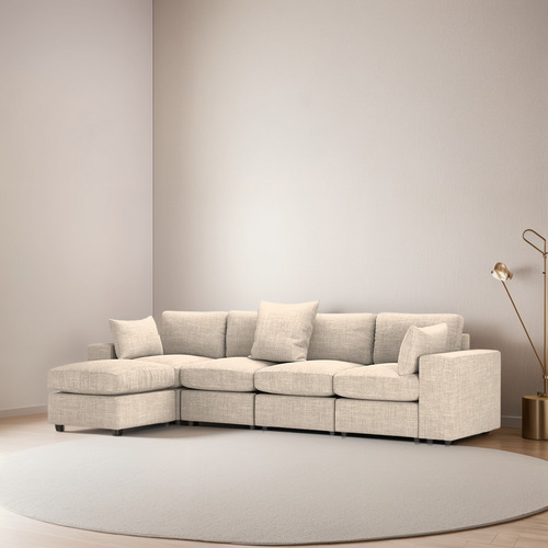 Sofá Sala Modular Plus 4 Plazas + Otomano + Pillow Pack | Beige Liso