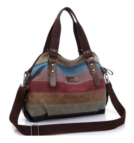 Bolso De Hombro Vintage Casual De Lona A Rayas De Gran Capac
