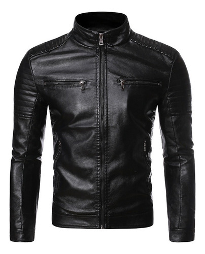 Chaqueta Fina De Cuero Con Cremallera Doble Para Hombre