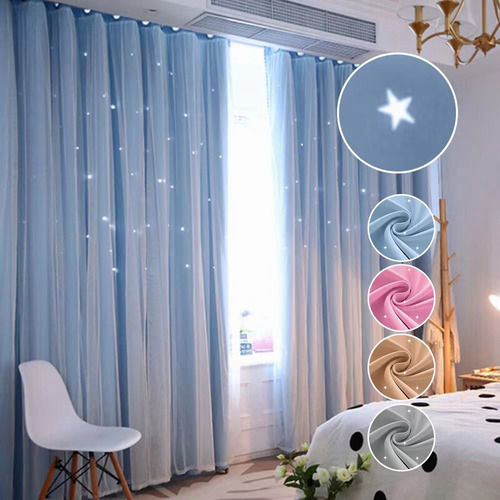 Cortinas Grises Blackout Largas 275x241cm Con Estrellas,2pzs