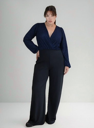 Mono Fiesta Noche Palazzo Manga Larga Lurex Negro Azul Negro Lisa Xl