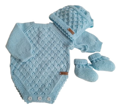 Body, Gorrita Y Escarpines Bebé Manga Larga Tejido Celeste 1-3 M