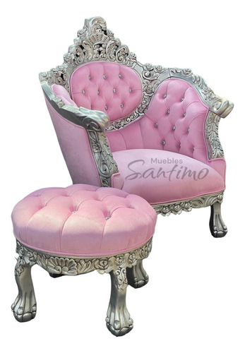 Sillón Princesa Cedro Plata Y Tapiz Rosa Con Taburete Fino 