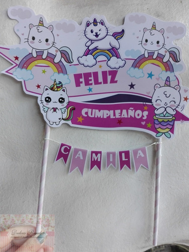 Topper Adorno De Torta Gatitos Unicornios Personalizado