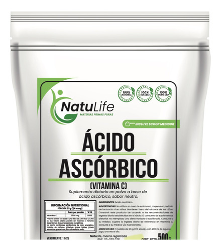 Acido Ascorbico Vitamina C Pura X 500 Gr Envase Termosellado
