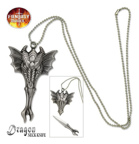 Collar Dragon Fantasy Master Acero Inox Navaja Oculta Fm-427 Color Gris Oscuro