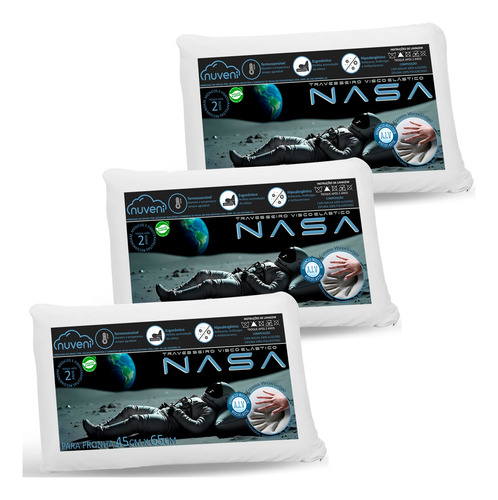 Kit 3 Travesseiro Nasa Viscoelástico Confortável Macio 10cm