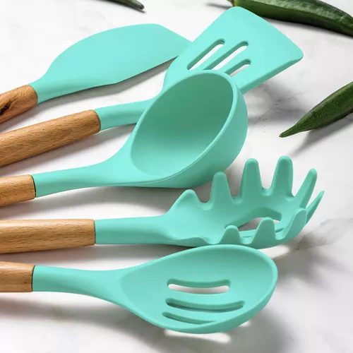 GENERICO Juego Utensilios de cocina silicona con madera 10 pcs Verde