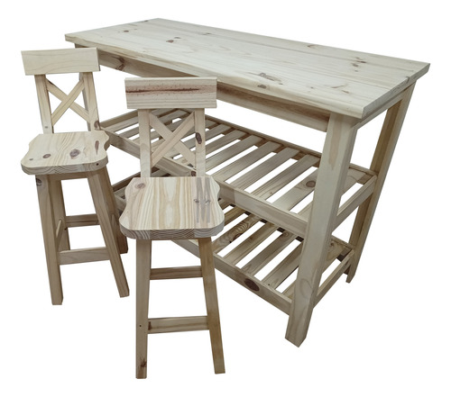 Isla Cocina Desayunador 1.40 X 60 Mt + 2 Taburete Altos Pino