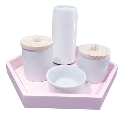 Kit Higiene Bebê Porcelana Potes Menina 5 Peças Maternidade Cor Branco