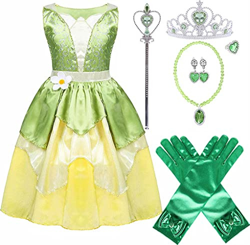 Vestido Princesa Tiana Para Niñas Fiesta Cumpleaños Con Accesorios (7-8t)