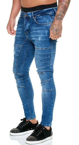 Pantalon De Mezclilla Hombre Moto Biker Skinny Slim Corte