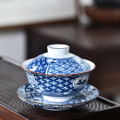 Lj Juego De Té Gaiwan Azul Y Blanco B