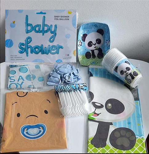 Kit Decoración Babyshower Niño, Para 12 Personas, Oso Panda.