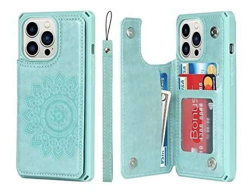 Funda Para iPhone 13 Pro Billetera Cuero Mandala Aqua