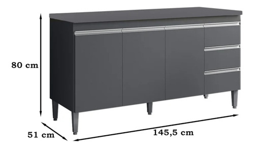 Balcao Com Tampo 150 Cm 3 Portas Andreia Cinza Reajl