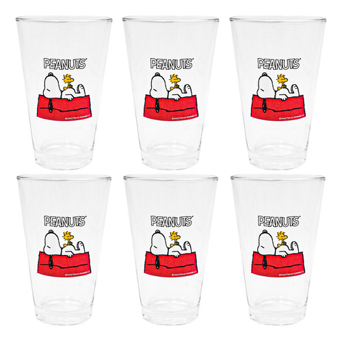 Set 6 Vasos De Vidrio Transparente Snoopy Peanuts 300 Ml
