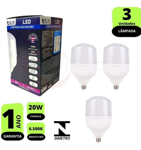 Kit 3x Lâmpadas Led Bulbo 20w Branca Fria 6.500k E27 Inmetro Cor Da Luz Branco-frio 110v/220v