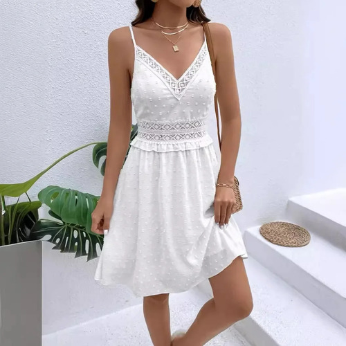 Vestido De Encaje Sin Mangas Con Escote En V Para Mujer