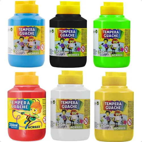 Tinta Guache 250ml Acrilex Tempera Profissional Com 6 Cores - Com...