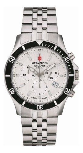 Reloj Swiss Alpine Military Challenger Chrono 7022.9132sam Malla Plateado Bisel Negro Fondo Plateado