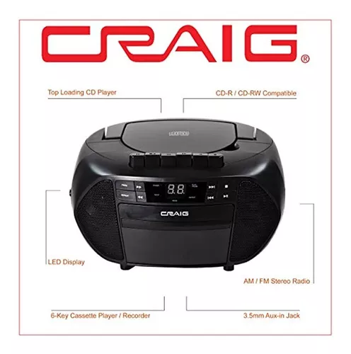 Craig CD6951 Boombox de CD portátil de carga superior con radio  estéreo AM/FM y reproductor de cassette/grabadora en negro, Reproductor de  casete de 6 teclas, Pantalla LED