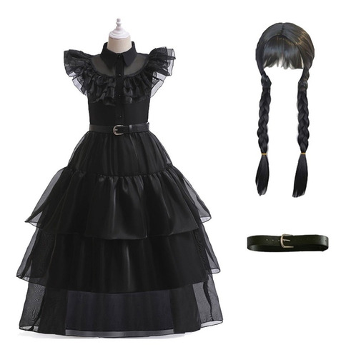 Vestido Festa Baile Wandinha Addams Halloween Cinto E Peruca