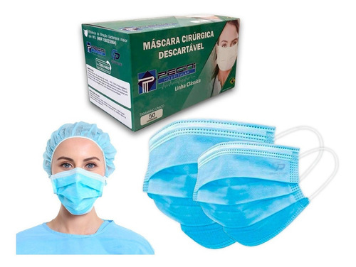 Mascara Descartavel Com Elastico E Clip Nasal - 50 Un Cor Azul