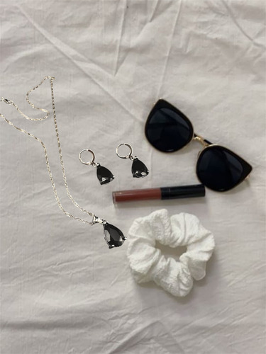 Set Collar Y Aretes Baño Plata 925, Gota Princess Ii Color Negro