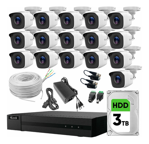 Hilook Kit de CCTV 16 Cámaras Turbo HD Metálicas Bobina de Cable UTP Cat53 + HDD 3 TB con Transceptores Kit de Video Vigilancia Detección de Movimiento y Cámaras de Seguridad