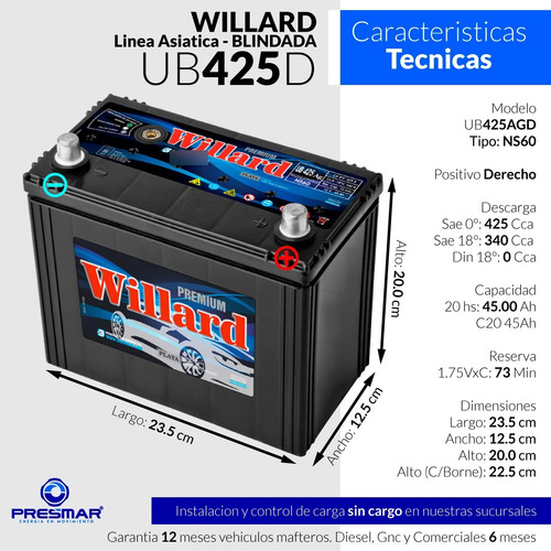 Imagen 2 de 10 de Bateria Auto Willard 12x50 Ub425 12 Volt 50 Amper