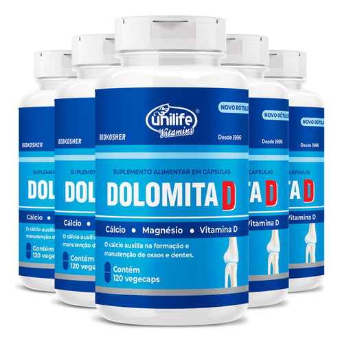 Kit 5 Dolomita D Unilife Com Vitamina D - 120 Cápsulas Sabor Sem Sabor