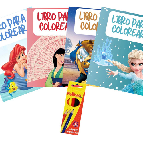 Pack 4 Libros Para Colorear Princesas Mulán Blanca Nieves