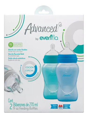 Set De Biberones Evenflo 270ml Flujo Medio 3m+ 2 Piezas Azul Relaxfit