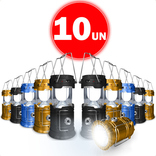 Lampião Solar Lanterna Vintage Recarregável Retro Led Camping Lamparina Pesca Kit Com 10