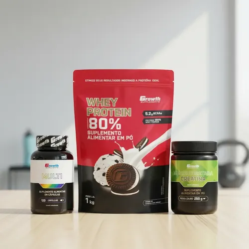 Kit Growth: Whey Protein Cookies And Cream 1kg + Multivitamínico 120 Cáps + Creatina 250g