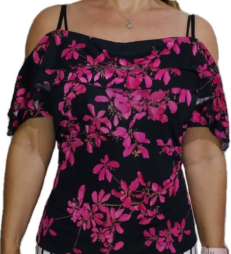 Blusa De Dama De Tiras,doble Bolero, Diseño En Flores Fucsia