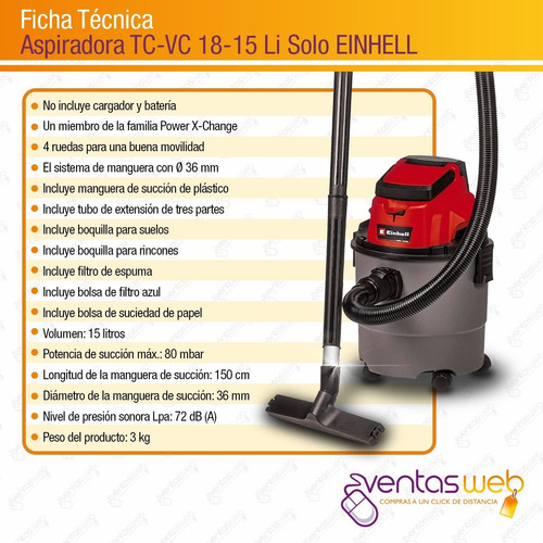 Imagen 8 de 9 de Aspiradora Inalambrica 18v Sola Einhell Ideal Auto Hogar