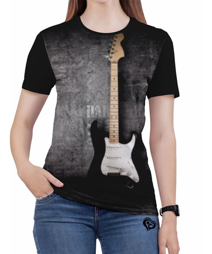 Camiseta Guitarra Plus Size Rock N Roll Feminina Blusa Cinza