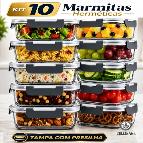Kit 10 Marmitas Vidro Hermético Fitness Freezer Microondas  Cinza-escuro