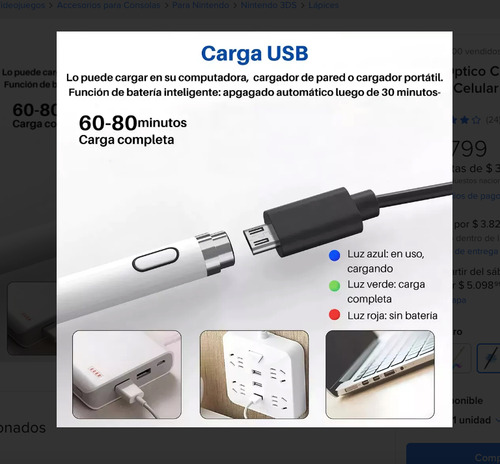 Lapiz Optico Capacitivo Punta Fina Celular Tablet Juegos Pen