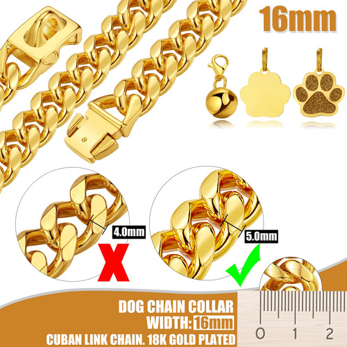 Collar Para Perro Cuban Link Gold 16mm Con Hebilla De