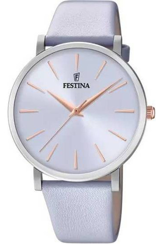 Reloj de pulsera Festina Boyfriend F20371 de cuerpo color gris, analógico, para mujer, fondo azul, con correa de cuero color azul, agujas color rosa, dial rosa, bisel color plateado
