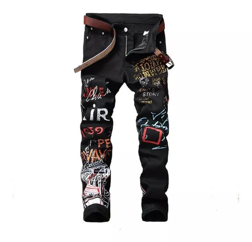 Letra Hot Drill Ancho Pierna Jeans Hombres Calle Alta Hip-hop