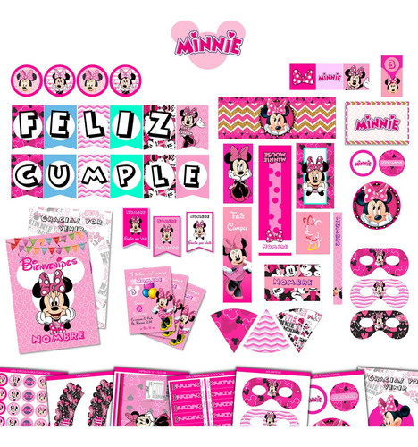 Kit Imprimible Cumple + Candy Editable - Minnie Mouse
