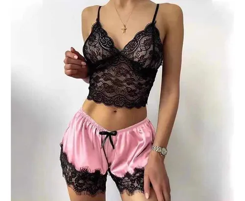 Conjunto Pijama De Encaje Y Seda Estilo Lencería