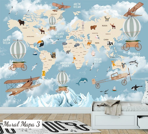 Vinilos Mural Mapa, Mapamundi Animales Deco Gigantografia