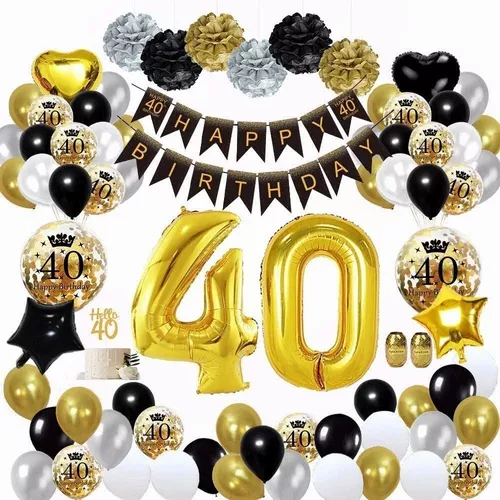  Decoración para fiesta de cumpleaños 40 en color negro y  dorado, globo con número 40 de papel de aluminio, 40 cumpleaños para 40  fiestas, globos negros y dorados. : Juguetes y Juegos