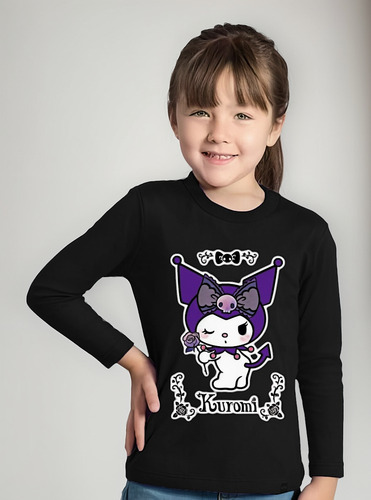 Polera De Niña Kuromi Manga Larga Estampada Dtf Cod 002