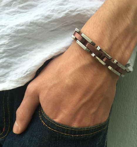Pulseira Masculina De Aço Com Filetes Rosé
